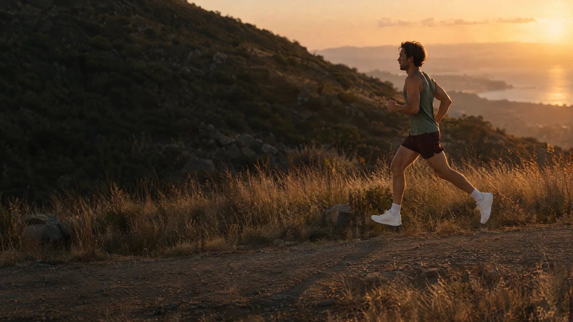 Coureur sur un sentier de colline au coucher du soleil